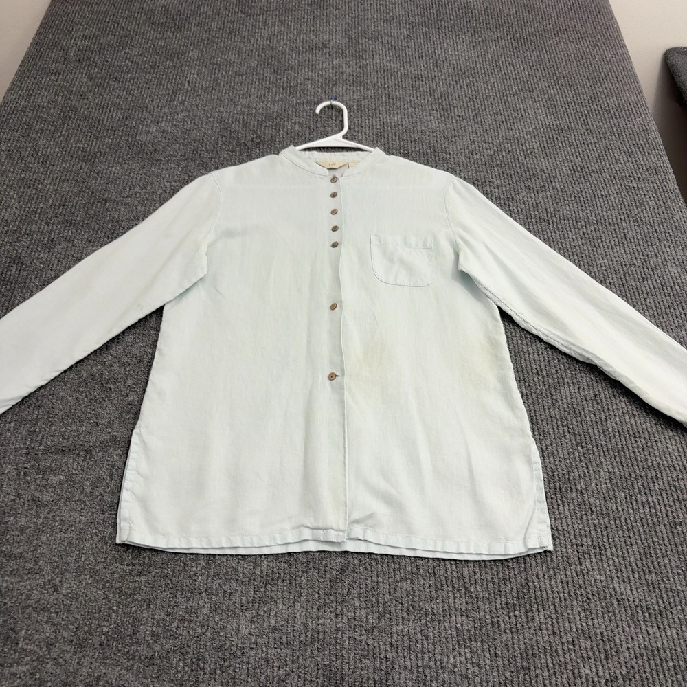 J Jill Shirt Womens XS Blue Linen Mock Neck Button Up Coastal Minimalist